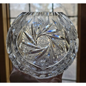 Vintage Signed Kusak Bohemian Cut Crystal Vase 5" Starburst Fan Pattern Heavy